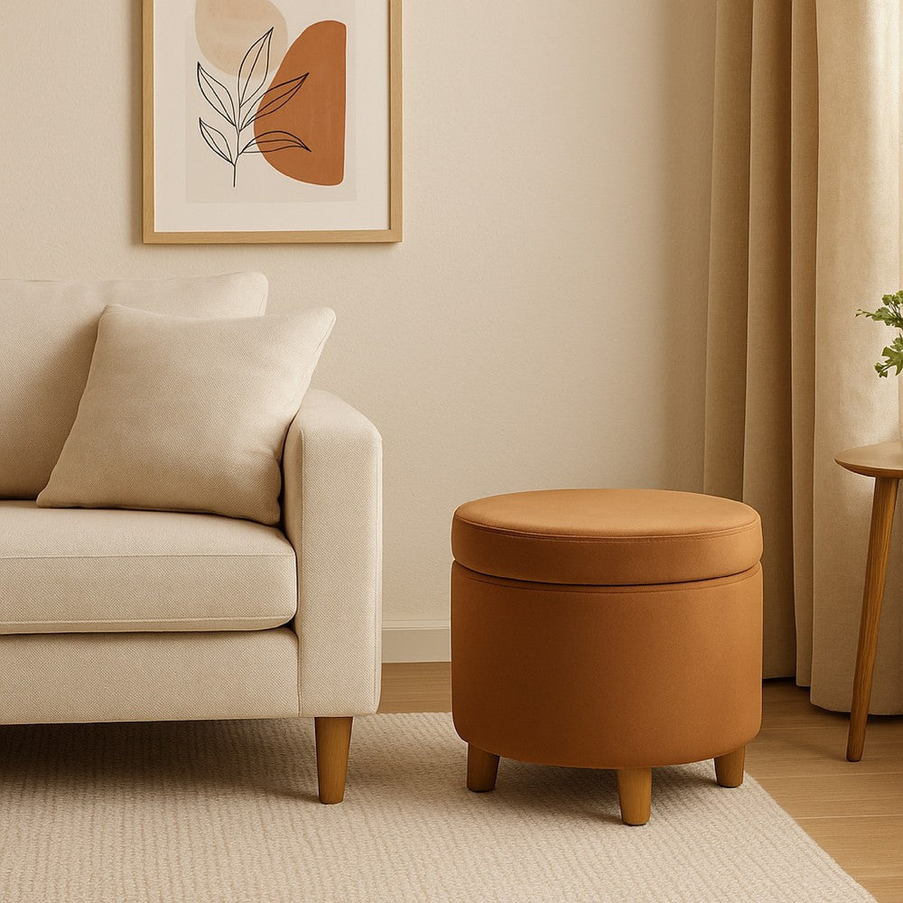 Gio Storage Ottoman | 19" Round Lift Top | Spice Brown Velvet Fabric