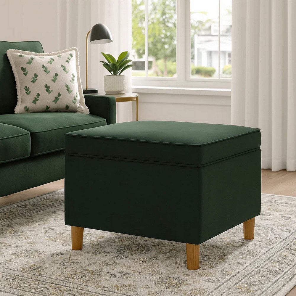 Fero Storage Ottoman | 24" Rectangular Hinged Lid Forest Green Velvet