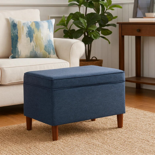 Fero Storage Ottoman | 24" Rectangular Hinged Lid | Blue Upholstery