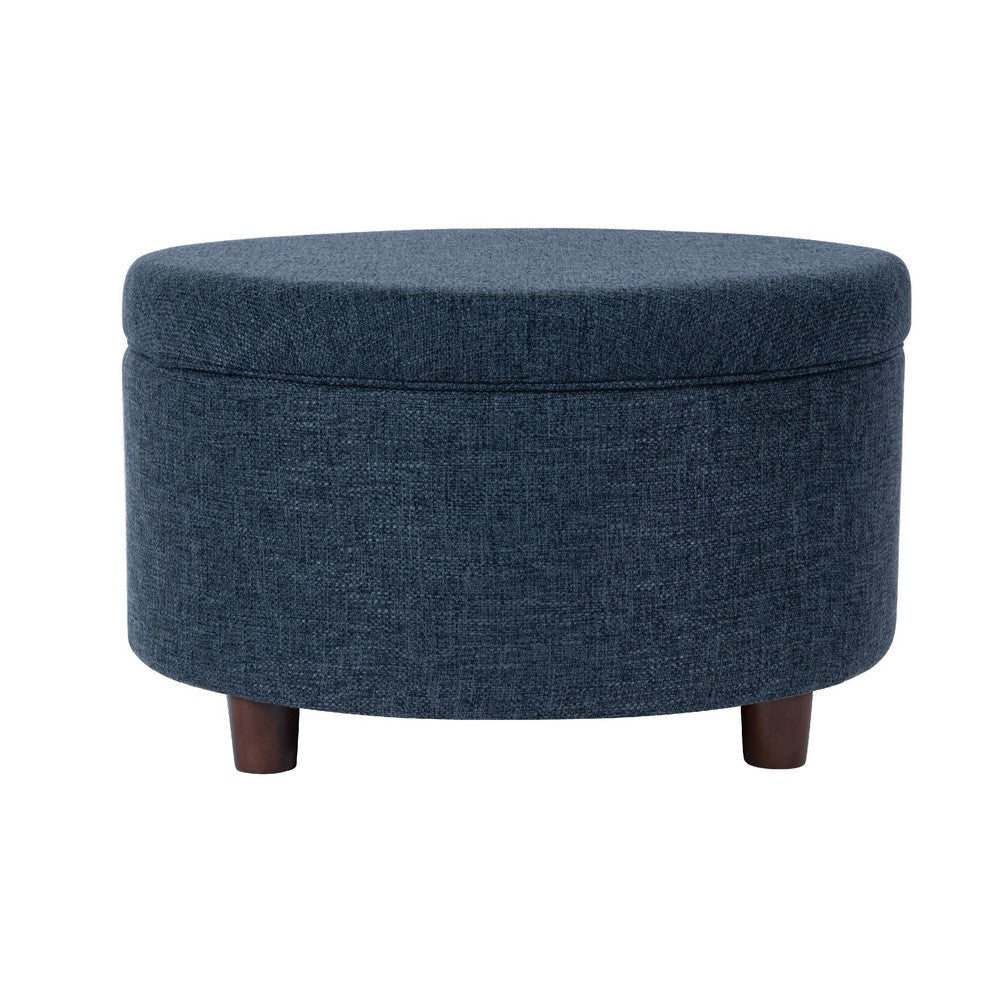 Modern Storage Ottoman | 28’’ Round Lift Top | Navy Blue Woven Fabric BM334094
