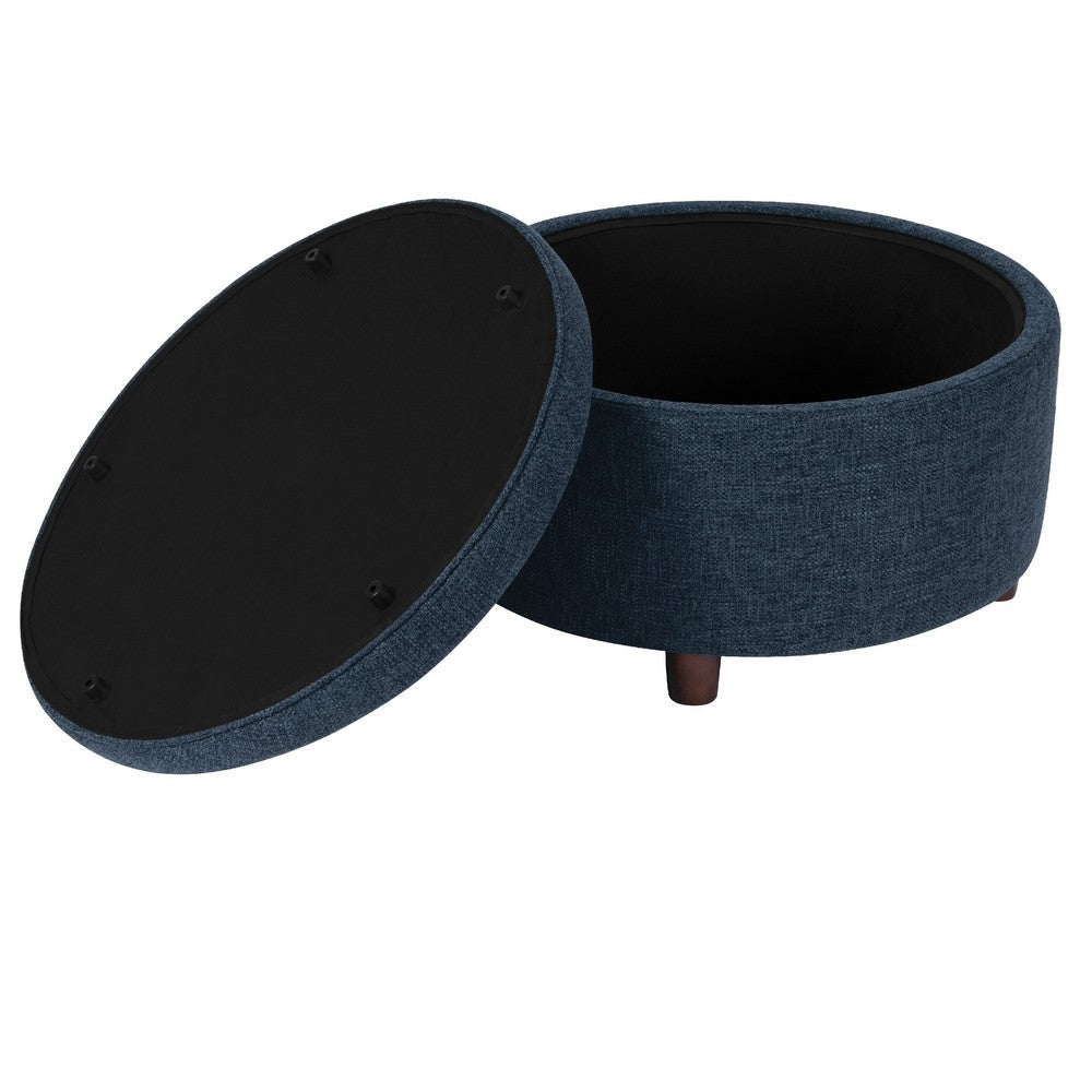 Modern Storage Ottoman | 28’’ Round Lift Top | Navy Blue Woven Fabric BM334094