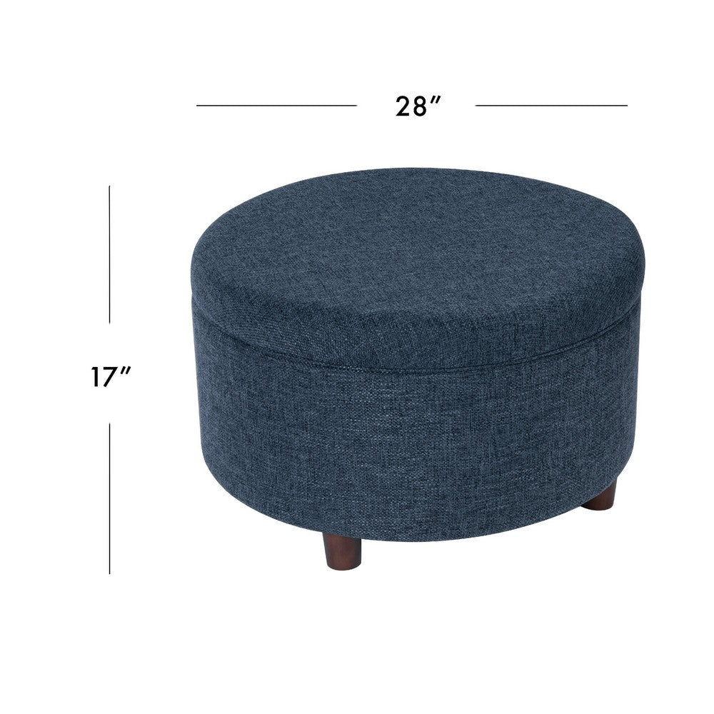 Modern Storage Ottoman | 28’’ Round Lift Top | Navy Blue Woven Fabric BM334094