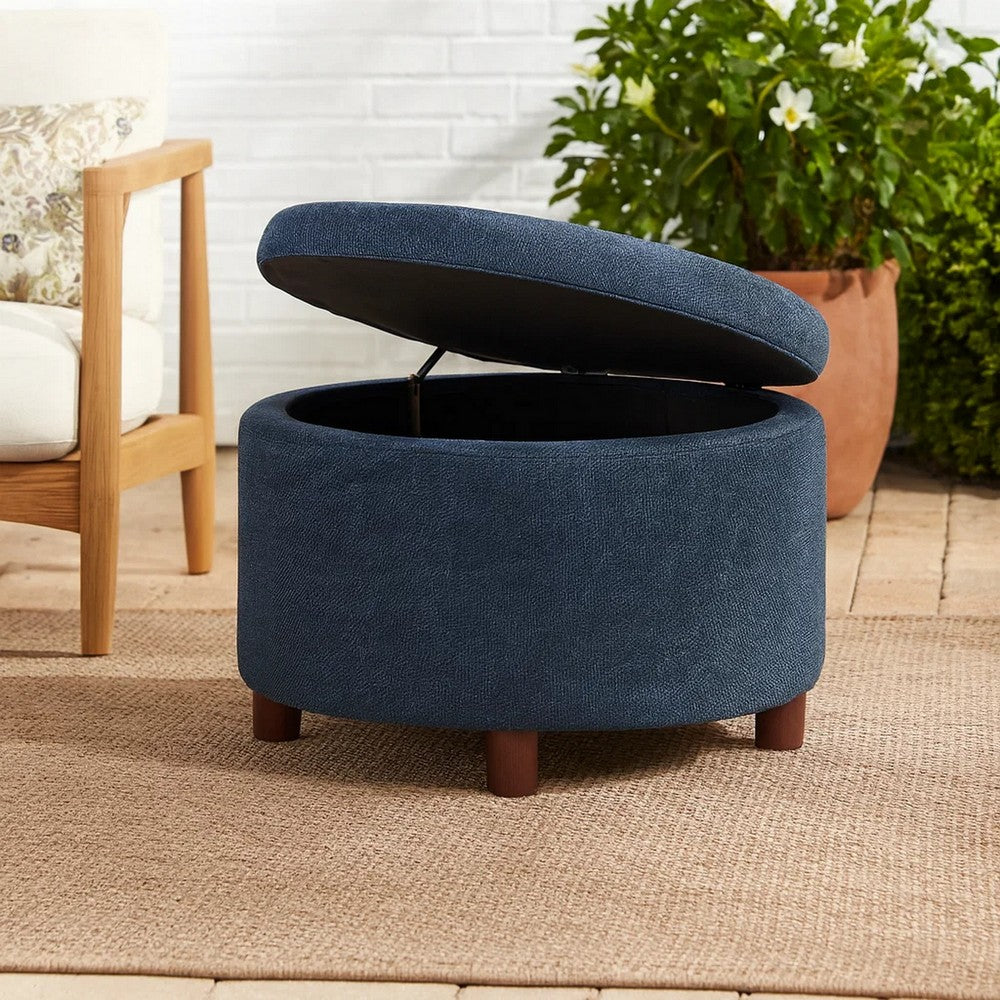 Modern Storage Ottoman | 28" Round Lift Top | Navy Blue Woven Fabric