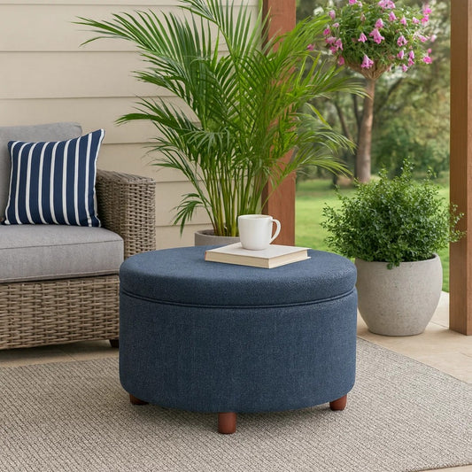 Modern Storage Ottoman | 28" Round Lift Top | Navy Blue Woven Fabric
