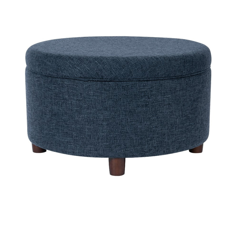 Modern Storage Ottoman | 28" Round Lift Top | Navy Blue Woven Fabric