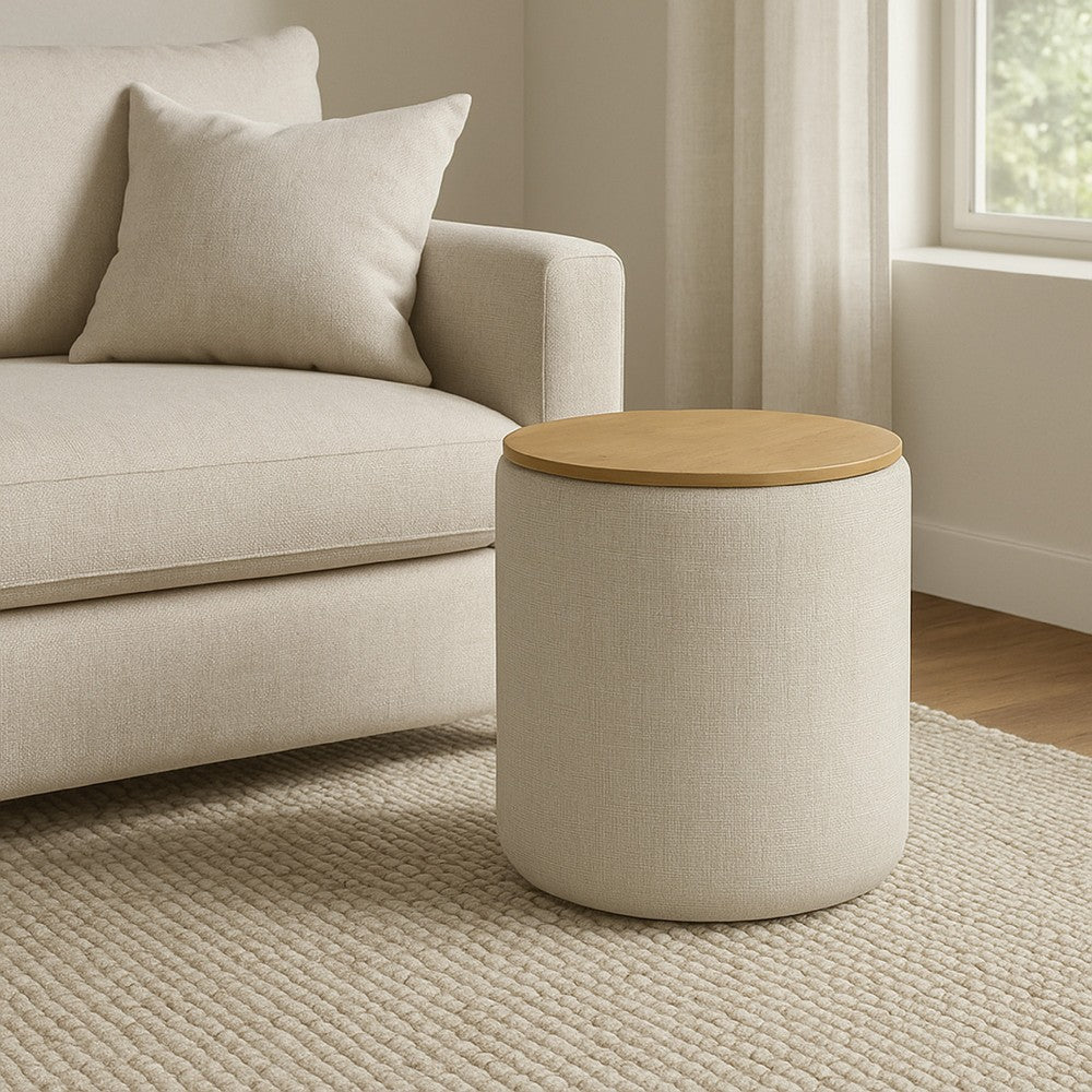 Mesy Storage Ottoman | Brown 19" Round Lift Tray Top | Gray Woven