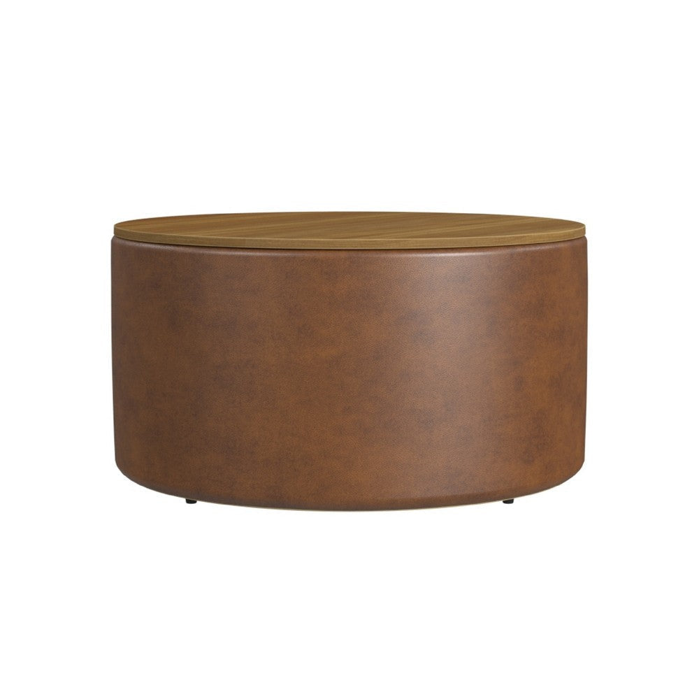 Mesy Storage Ottoman | 30’’ Round Lift Tray Top | Brown Faux Leather BM334096