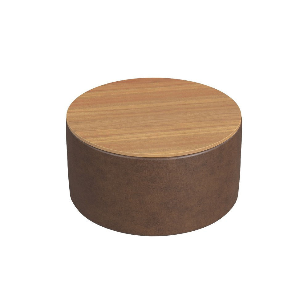 Mesy Storage Ottoman | 30" Round Lift Tray Top | Brown Faux Leather