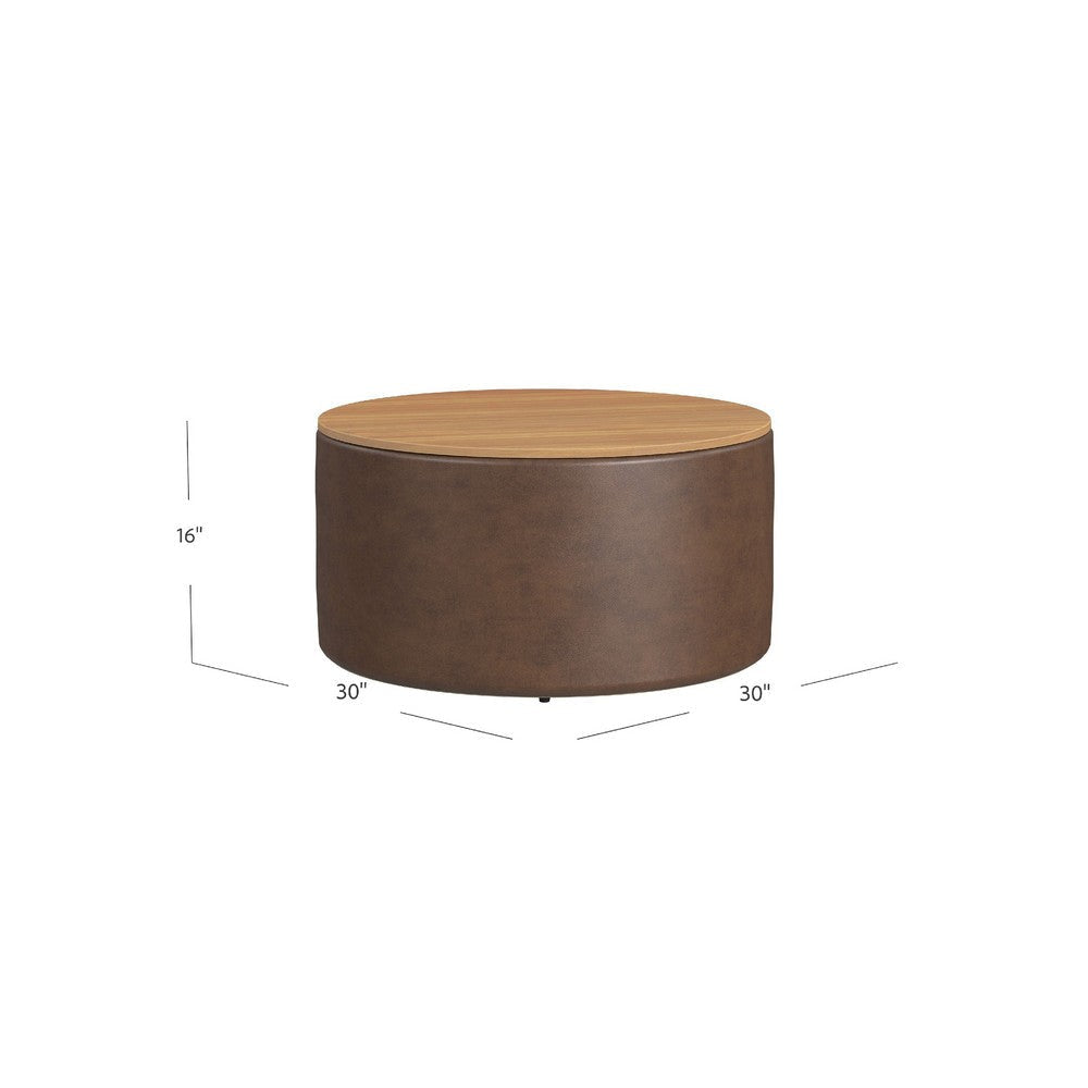 Mesy Storage Ottoman | 30’’ Round Lift Tray Top | Brown Faux Leather BM334096