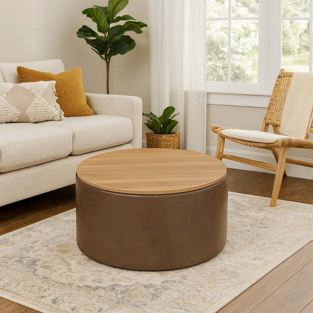 Mesy Storage Ottoman | 30" Round Lift Tray Top | Brown Faux Leather