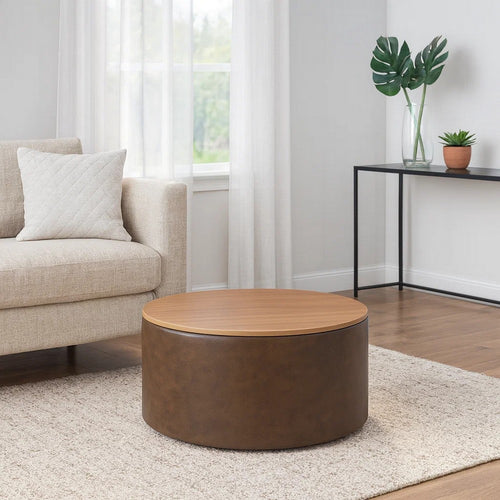 Mesy Storage Ottoman | 30" Round Lift Tray Top | Brown Faux Leather