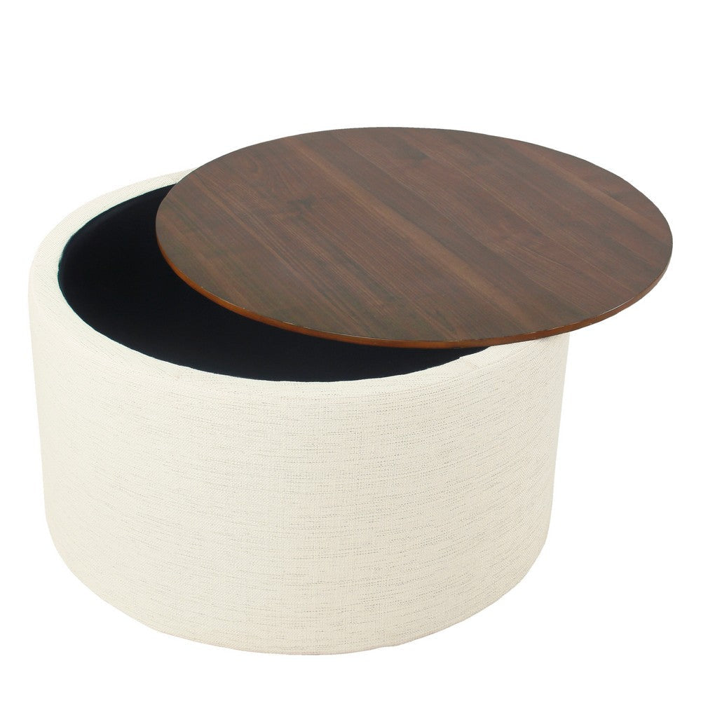 Mesy Storage Ottoman | 30’’ Round Lift Tray Top Ivory Woven Upholstery BM334097