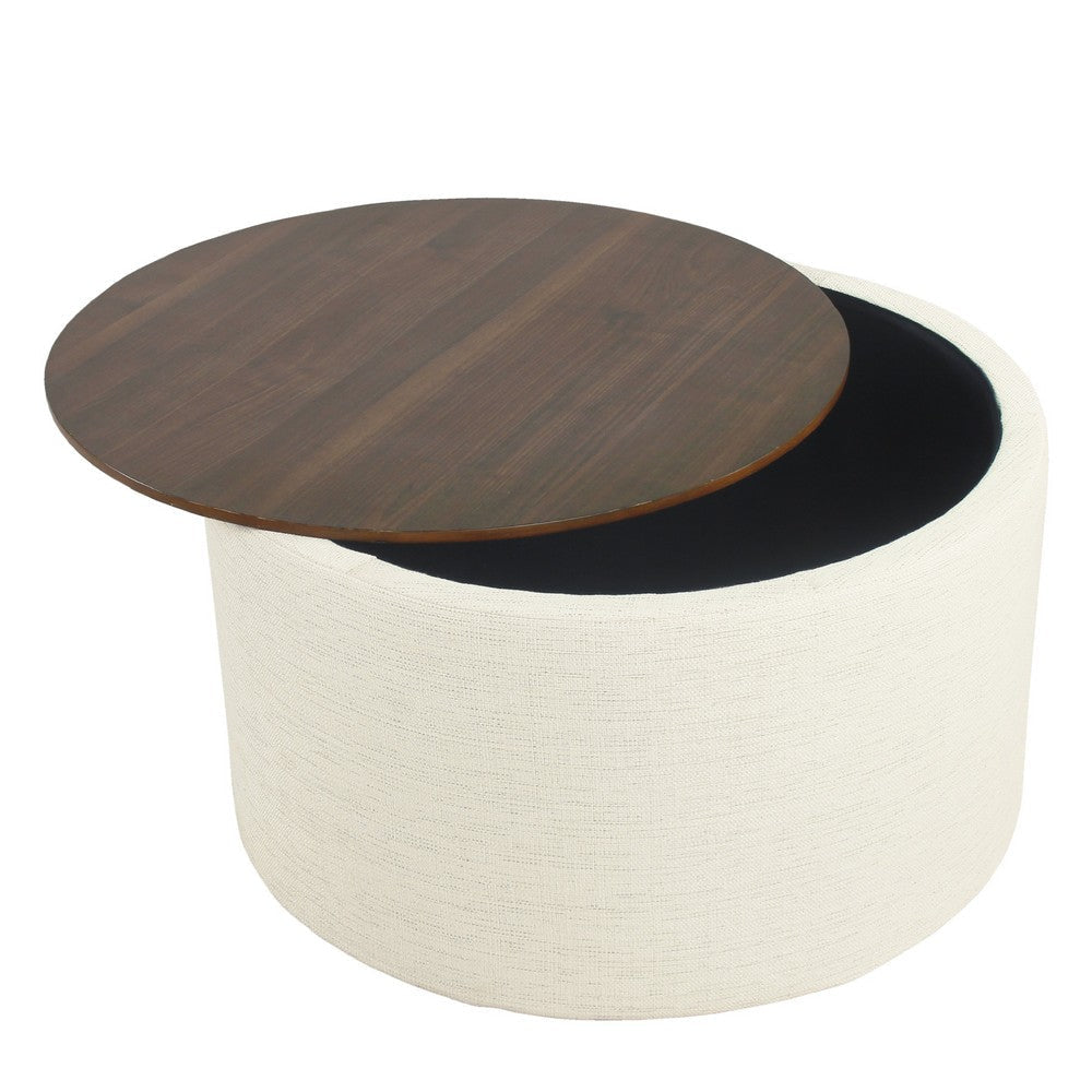 Mesy Storage Ottoman | 30’’ Round Lift Tray Top Ivory Woven Upholstery BM334097