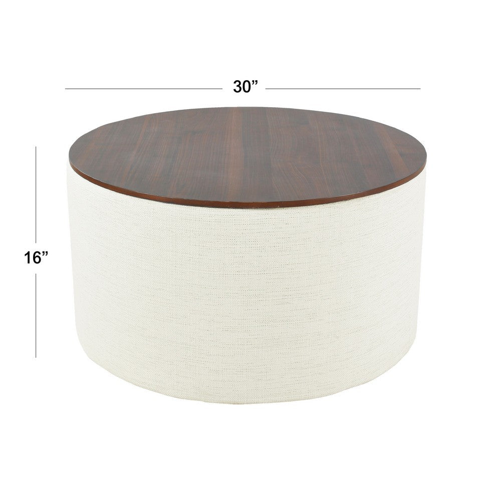 Mesy Storage Ottoman | 30’’ Round Lift Tray Top Ivory Woven Upholstery BM334097