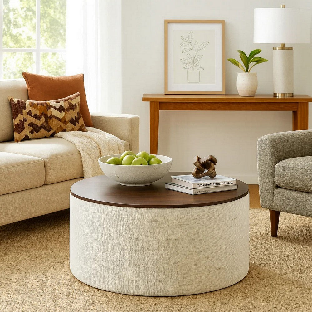 Mesy Storage Ottoman | 30" Round Lift Tray Top Ivory Woven Upholstery