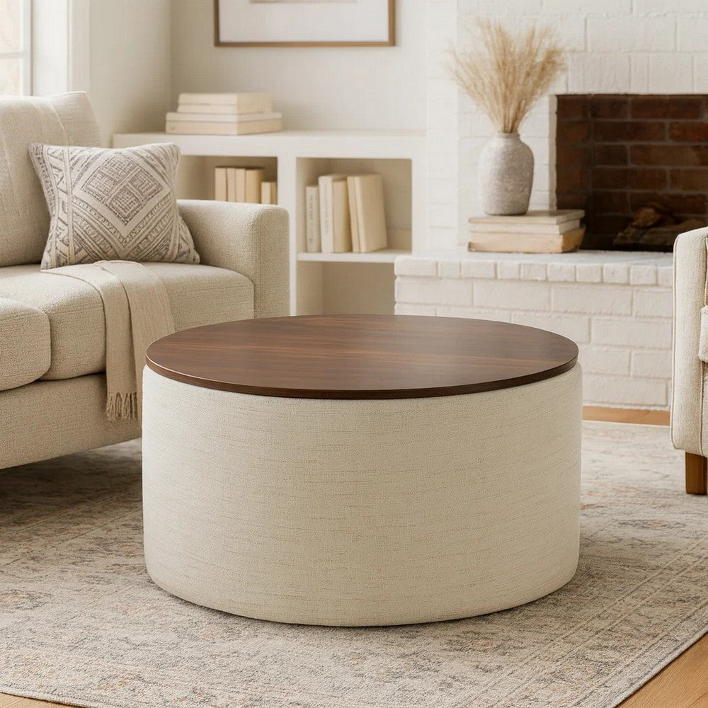 Mesy Storage Ottoman | 30" Round Lift Tray Top Ivory Woven Upholstery