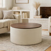 Mesy Storage Ottoman | 30" Round Lift Tray Top Ivory Woven Upholstery