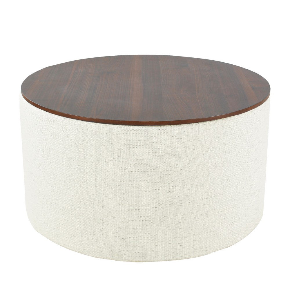 Mesy Storage Ottoman | 30" Round Lift Tray Top Ivory Woven Upholstery