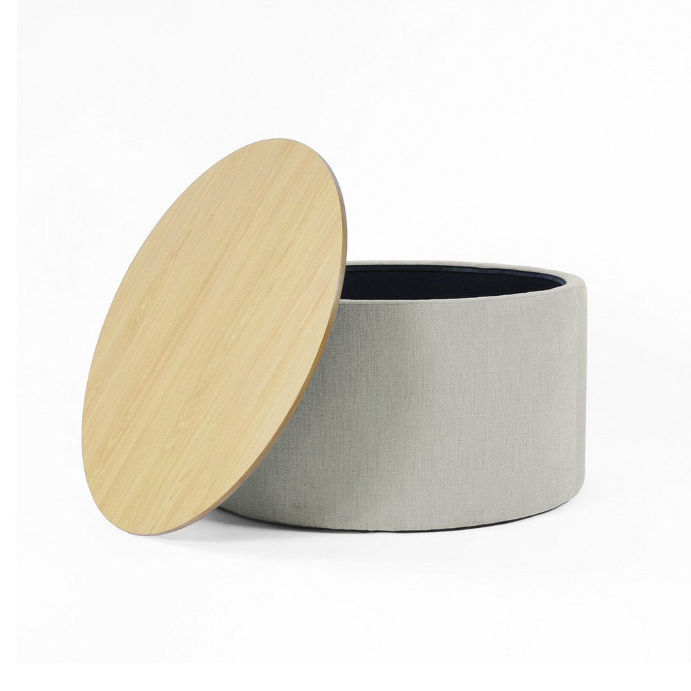 Mesy Storage Ottoman | 30’’ Round Lift Tray Top Light Gray Woven Fabric BM334098