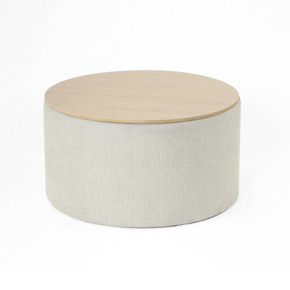 Mesy Storage Ottoman | 30" Round Lift Tray Top Light Gray Woven Fabric