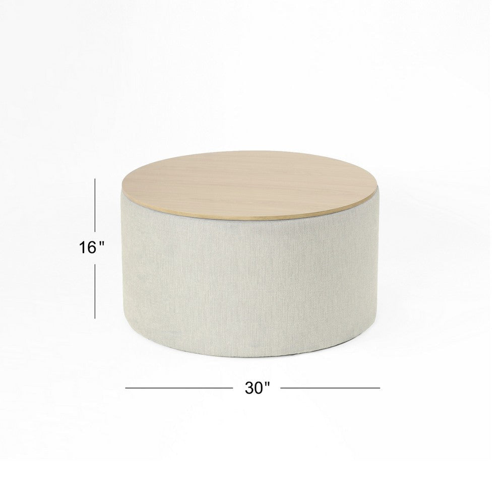 Mesy Storage Ottoman | 30’’ Round Lift Tray Top Light Gray Woven Fabric BM334098