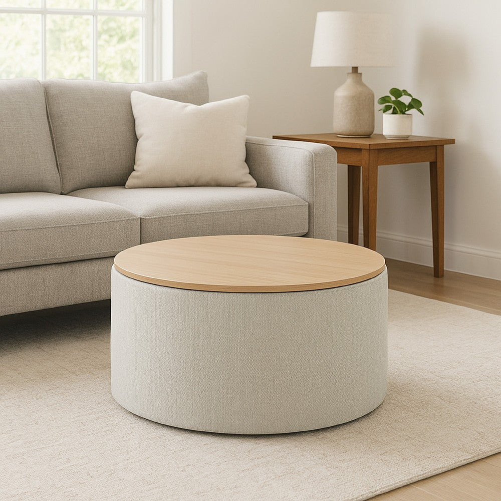 Mesy Storage Ottoman | 30" Round Lift Tray Top Light Gray Woven Fabric
