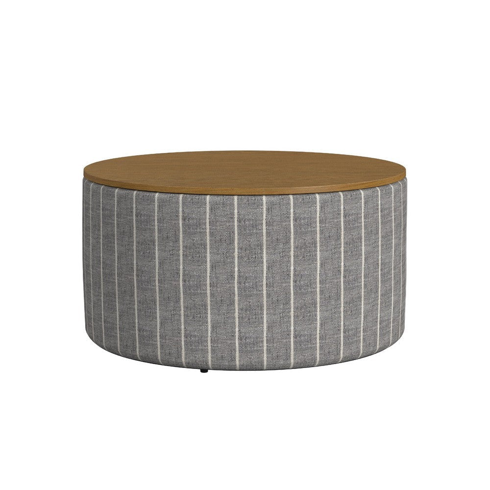 Jena Storage Ottoman | 30" Round Lift Tray Top | Gray Pinstripe Fabric
