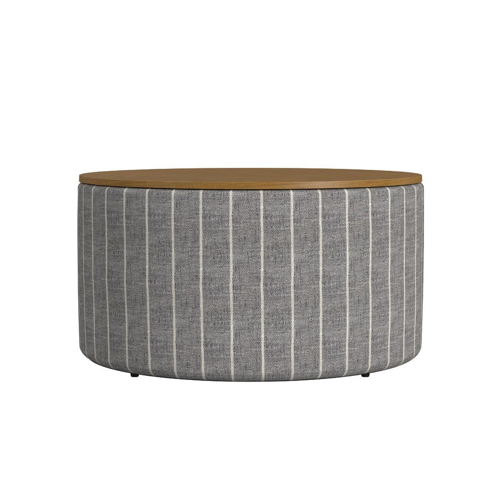 Jena Storage Ottoman | 30’’ Round Lift Tray Top | Gray Pinstripe Fabric BM334099