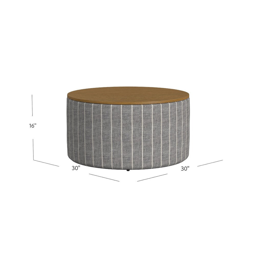 Jena Storage Ottoman | 30’’ Round Lift Tray Top | Gray Pinstripe Fabric BM334099