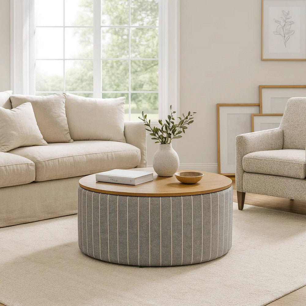 Jena Storage Ottoman | 30" Round Lift Tray Top | Gray Pinstripe Fabric