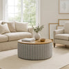 Jena Storage Ottoman | 30" Round Lift Tray Top | Gray Pinstripe Fabric