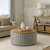 Jena Storage Ottoman | 30" Round Lift Tray Top | Gray Pinstripe Fabric