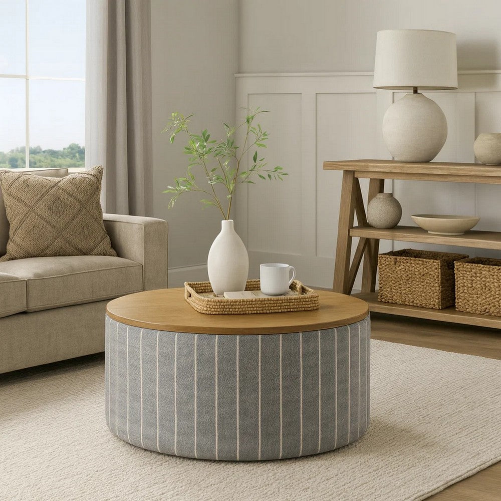 Jena Storage Ottoman | 30" Round Lift Tray Top | Gray Pinstripe Fabric