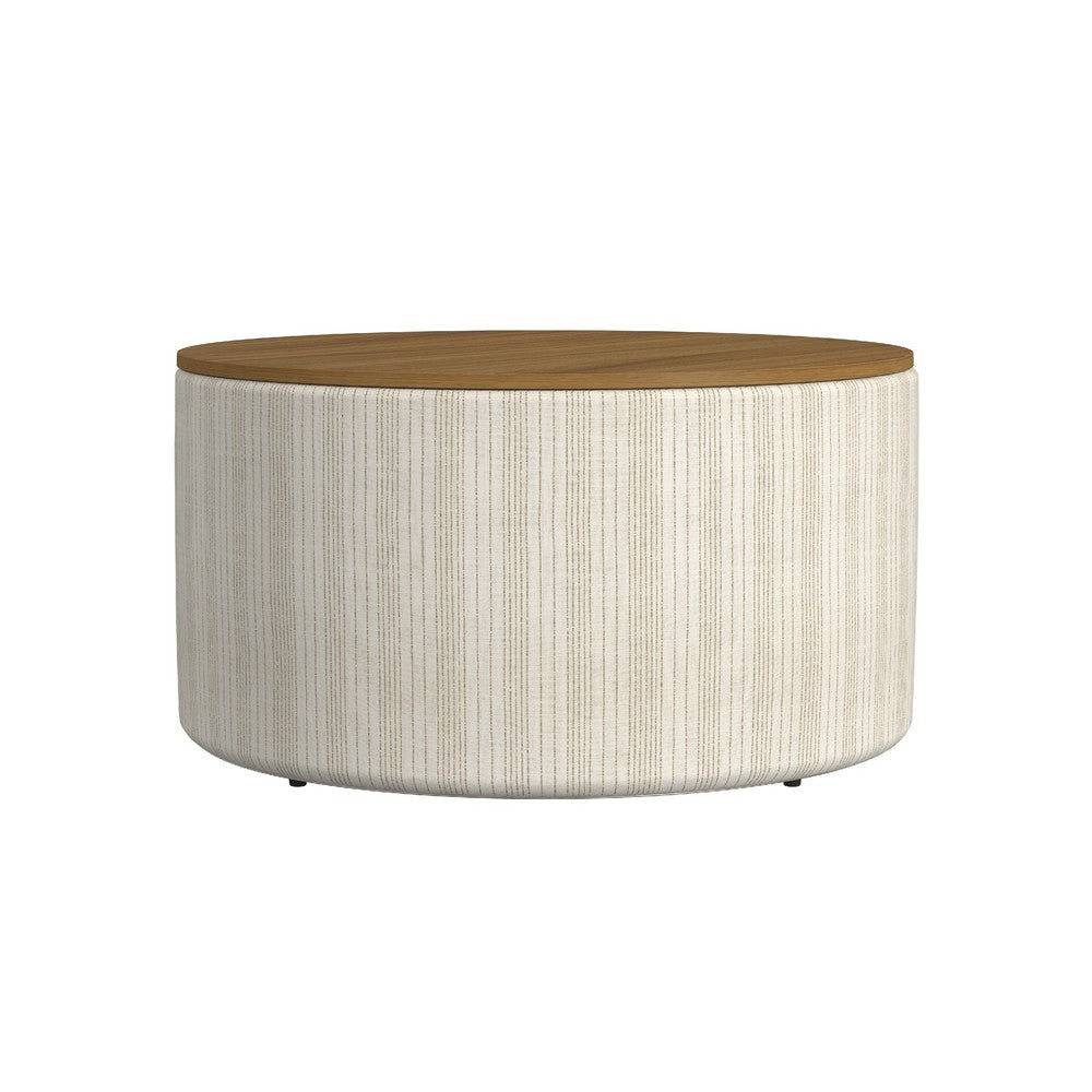 Jena Storage Ottoman | Brown 30’’ Round Lift Tray Top Ivory Pinstripes BM334100