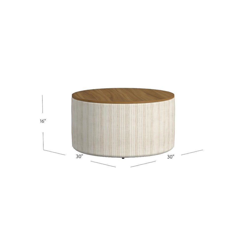 Jena Storage Ottoman | Brown 30’’ Round Lift Tray Top Ivory Pinstripes BM334100