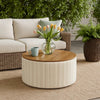 Jena Storage Ottoman | Brown 30" Round Lift Tray Top Ivory Pinstripes