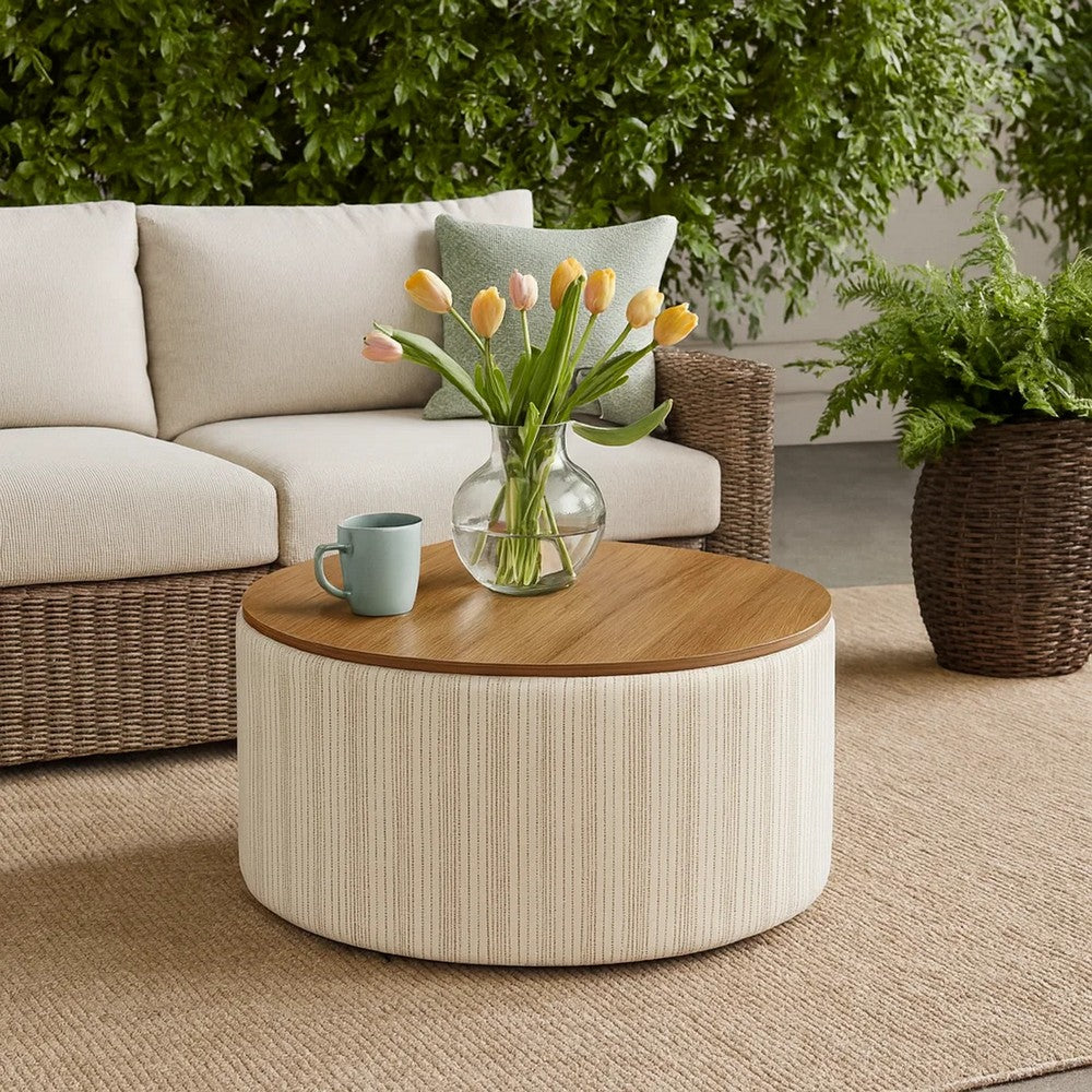 Jena Storage Ottoman | Brown 30" Round Lift Tray Top Ivory Pinstripes