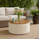 Jena Storage Ottoman | Brown 30" Round Lift Tray Top Ivory Pinstripes