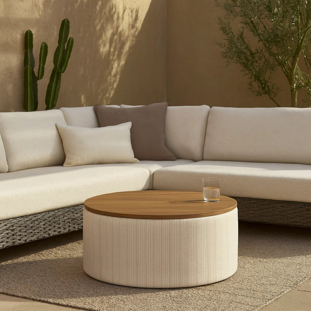 Jena Storage Ottoman | Brown 30" Round Lift Tray Top Ivory Pinstripes