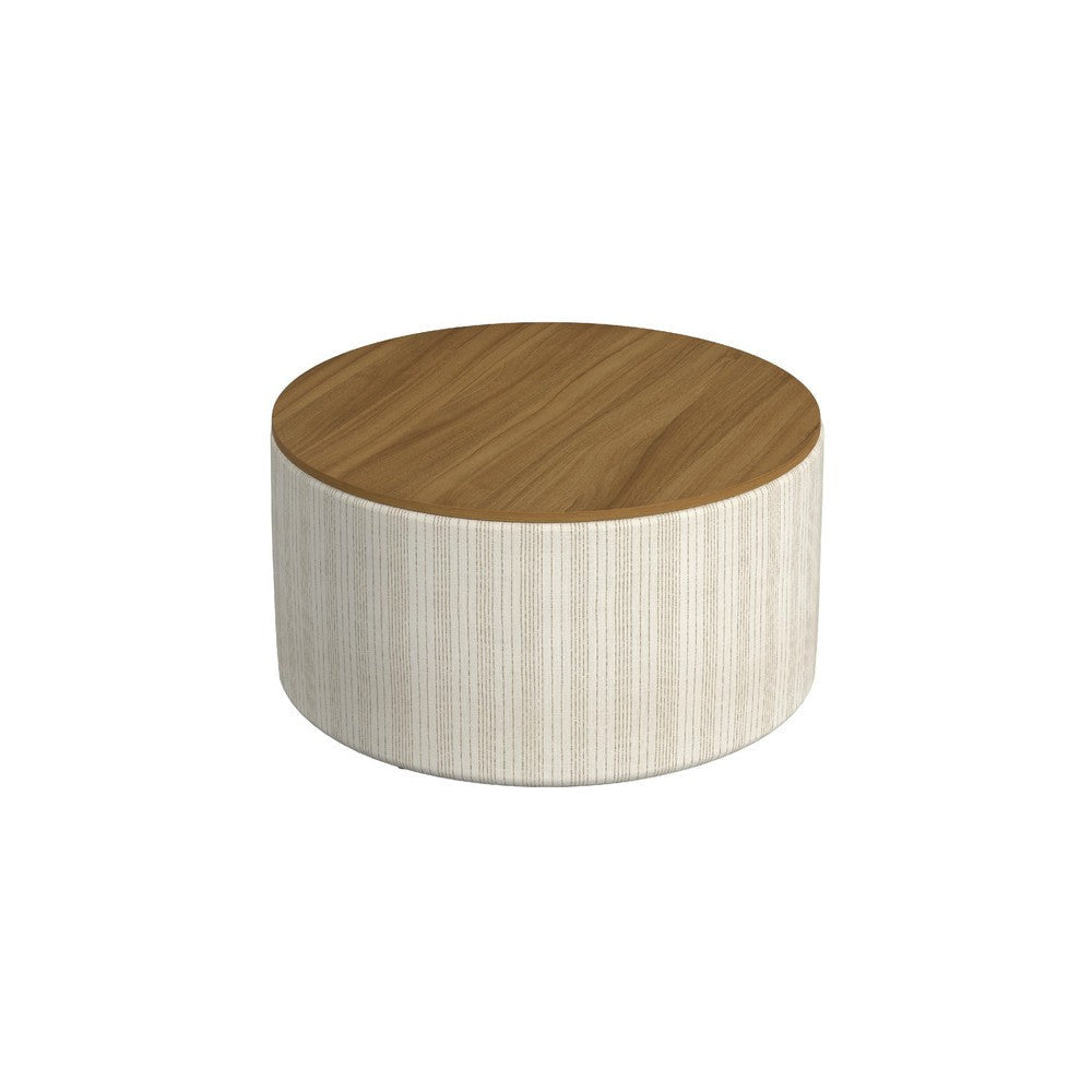 Jena Storage Ottoman | Brown 30" Round Lift Tray Top Ivory Pinstripes