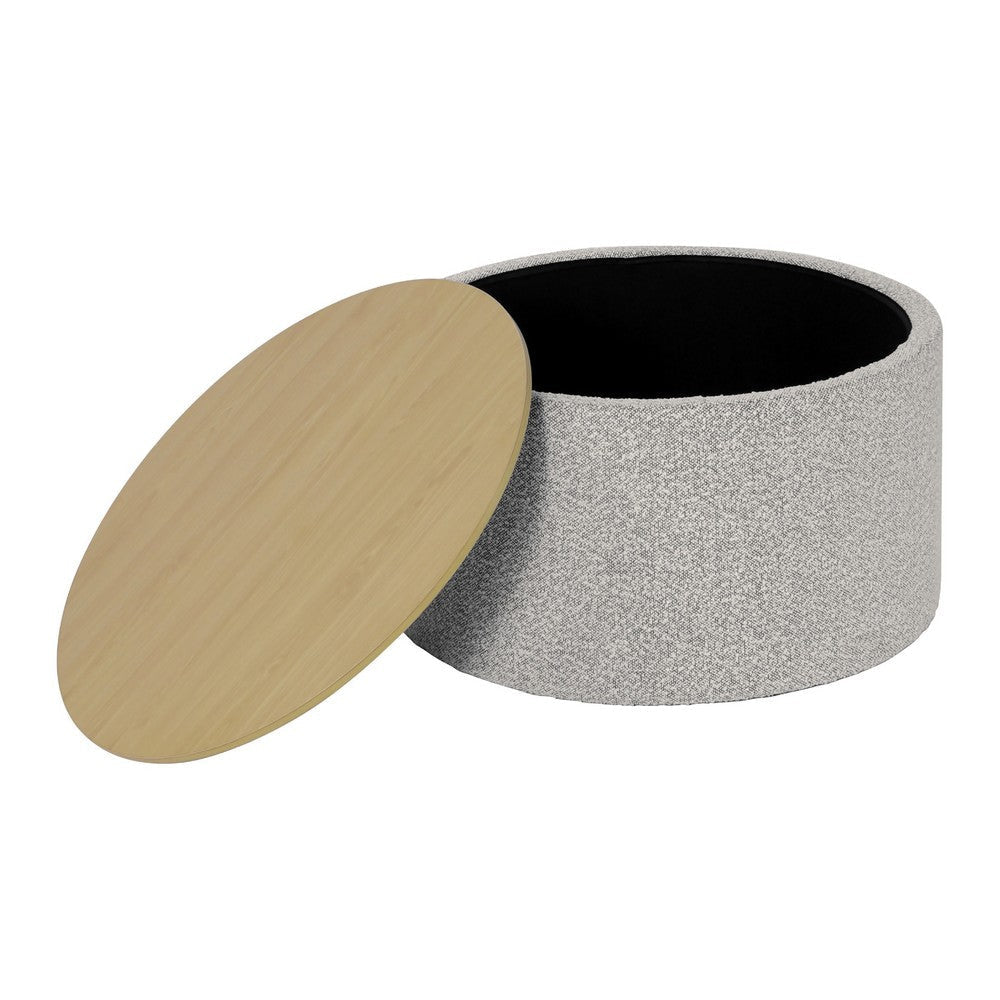 Mesy Storage Ottoman | 30’’ Round Lift Tray Top | Light Gray Boucle BM334101