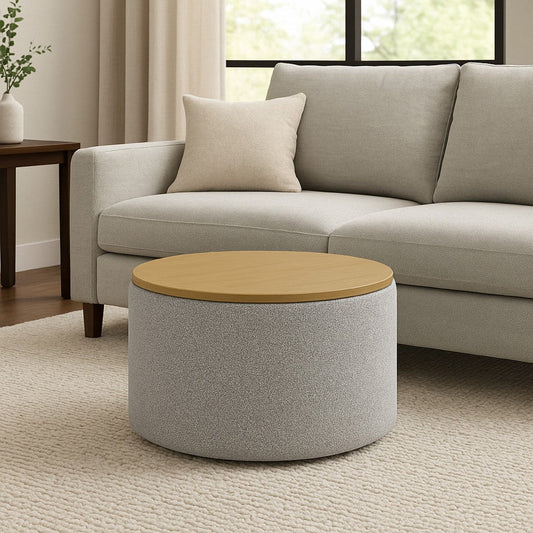 Mesy Storage Ottoman | 30" Round Lift Tray Top | Light Gray Boucle