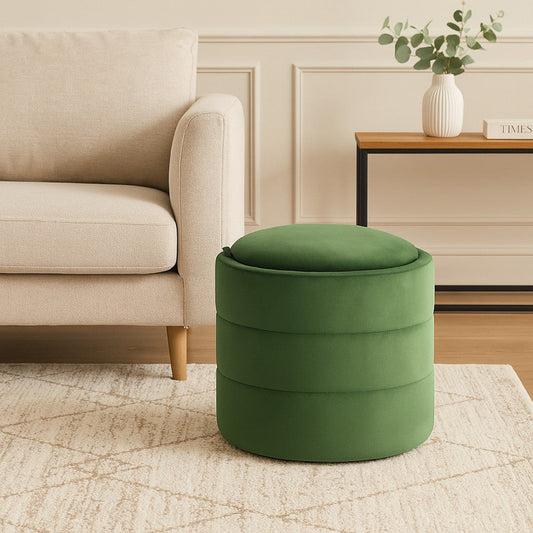 Pero Storage Ottoman | 18" Round Removable Lid | Rich Green Velvet