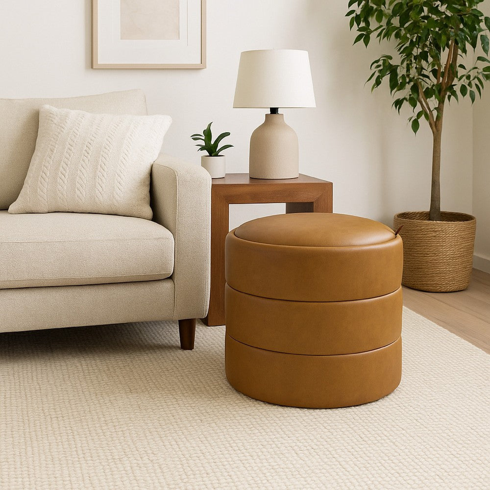 Pero Storage Ottoman | 18" Round Removable Lid | Brown Faux Leather