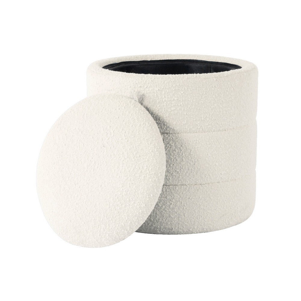 Pero Storage Ottoman | 18’’ Round Removable Lid | White Boucle Fabric