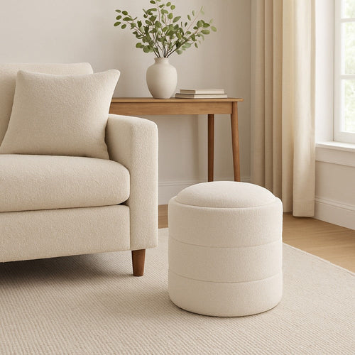 Pero Storage Ottoman | 18" Round Removable Lid | White Boucle Fabric