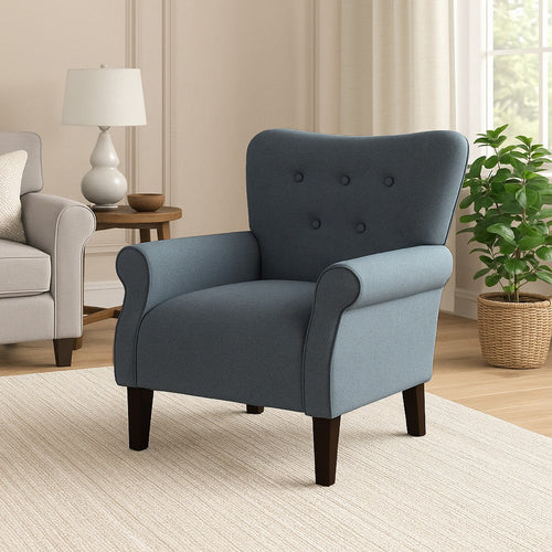 Mowo Accent Armchair | Classic Button Tufted Back | Blue Woven Fabric