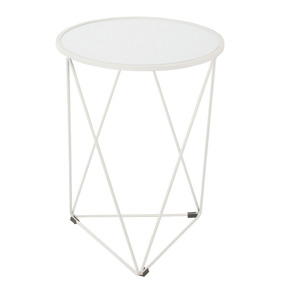 Accent Table | 18’’ | Round Mirror Top and Open White Metal Base BM334114