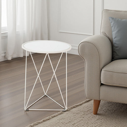 Accent Table | 18" | Round Mirror Top and Open White Metal Base