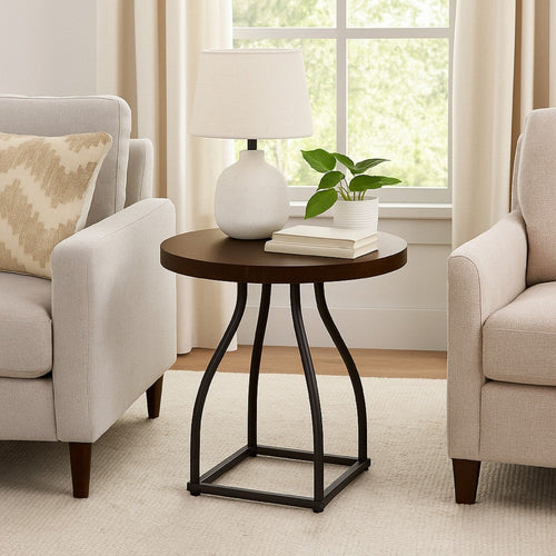 Tior Accent Table | 20" Round Wood Laminate Top | Black Metal Base